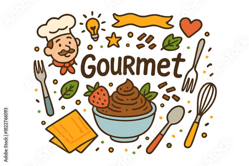 Gourmet Treat Doodle. Gourmet treat. Hand-drawn doodle illustration of gourmet treat. Chef, chocolate mousse,