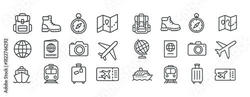 Line icons of travel essentials: backpack, compass, map, passport, camera, airplane, train, ship