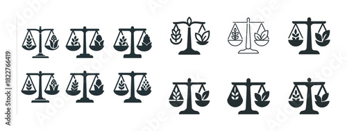 Set of scales with leaf motifs: eco-friendly balance icons collection