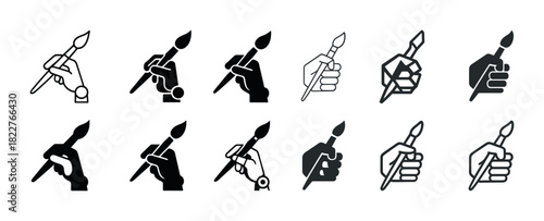 Various iconic hand designs holding paintbrushes in different styles