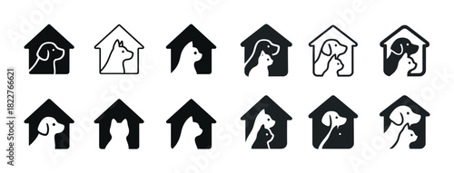 Black and white pet shelter logos featuring dogs and cats