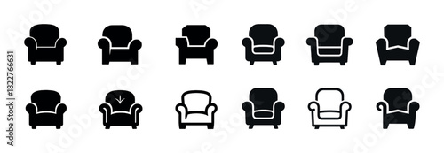 Variety of armchair icon designs displayed in black and white