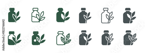 Herbal supplement bottles and leaves icons in green and gray