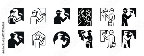 Silhouette icons of painters with rollers in various poses