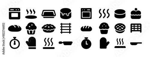 Baking icons collection: ovens, bread, cakes, timers, mittens, and trays