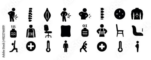 Back pain relief icons set: exercise, therapy, ergonomics solutions