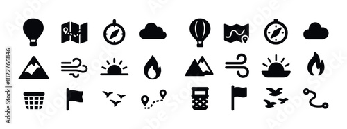 Collection of black outdoor adventure and nature icons