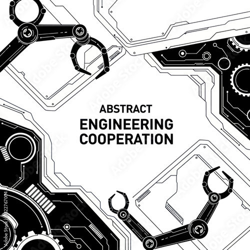Abstract Engineering Cooperation Illustration with Robotic Arms and Gears.