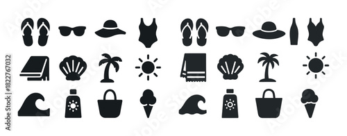 Beach vacation icons: flip flops, sunscreen, ice cream, palm trees, sun