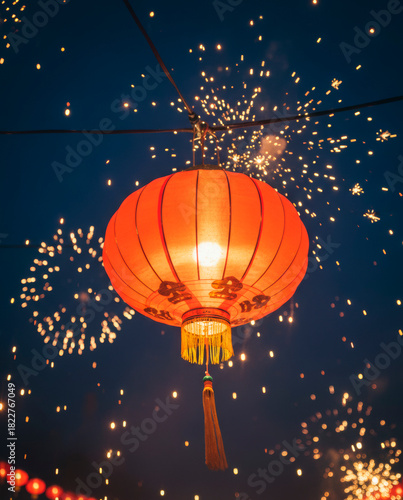 Illuminated Chinese lantern amidst fireworks during Lunar New Year celebrations, vibrant and festive mood