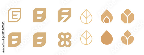 Collection of abstract geometric leaf and water drop logos in gold tones
