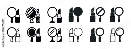 Set of makeup icon illustrations featuring lipsticks and mirrors