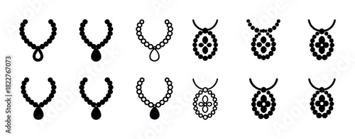 Collection of elegant black necklace silhouettes with multiple designs and pendants
