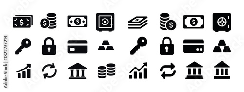 Financial icons set: money, safe, banking symbols in black and white style