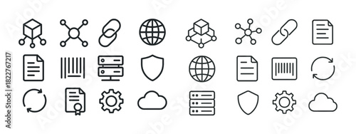 Collection of network, security, and cloud technology icons in line style