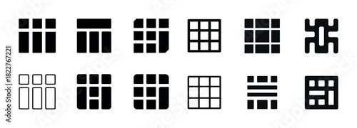 Set of twelve black grid icon designs in various arrangements
