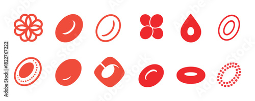 Variety of red blood cell icons in different shapes and styles