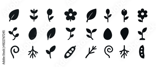 Collection of simple plant icons with leaves and flowers on white background
