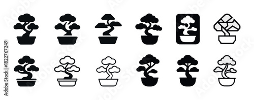 Icon set of stylized bonsai tree silhouettes in various artistic forms