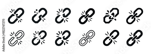 Variety of broken chain icons showing connection and breakage in different styles