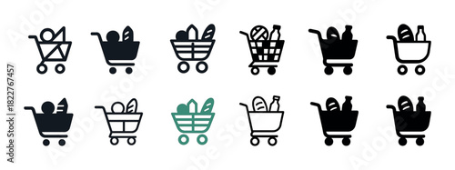 Various shopping cart icons: grocery, basket, design, outline, collection