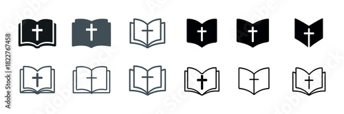 Set of black and white christian bible icons with cross design