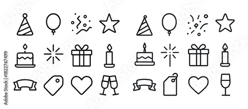 Celebration icons: party hats, balloons, stars, cakes, gifts, candles, hearts