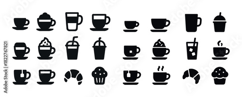 Coffee drink silhouettes with croissants and muffins icons