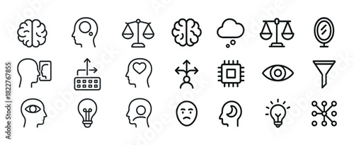 Set of minimalistic icons: brain, scale, cloud, mirror, face, ideas