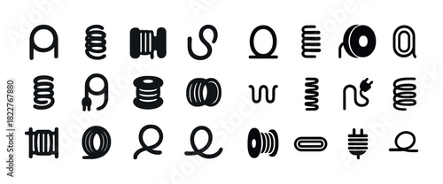Set of 24 cable and wire icons in black and white vector style