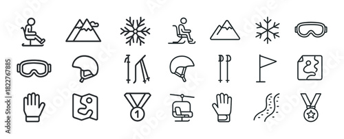 Winter sports icons: skiing, snowboarding, and mountain activities
