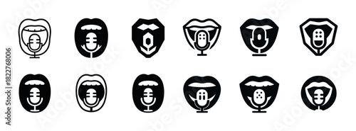 Set of microphone icon designs featuring mouth and audio themes