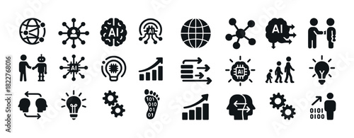 Artificial intelligence icons set featuring human interaction and technological concepts