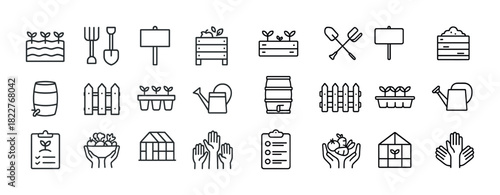 Gardening icons collection: tools, plants, and greenhouse line art