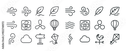Wind symbols and weather elements collection: clouds, leaves, fans, kites, balloons