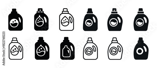 Black and white icons of various detergent bottles