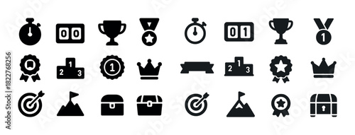 Competition icons collection: trophies, medals, timers, and achievement symbols