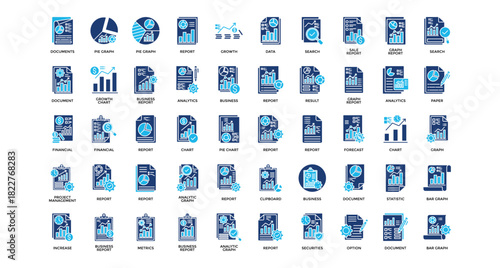 Document analysis icon set collection. Containing result, increase, review, documents, advice, report, diagram .Line vector icons collection