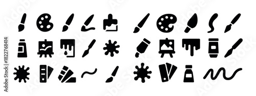 Artistic tools icons set: paintbrush, palette, canvas, paint tube, easel, color swatch