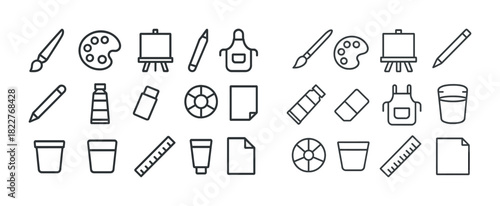 Collection of art supplies icons: brushes, palettes, easels, and more