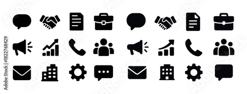 Business and communication icons set: speech bubbles, handshakes, briefcases, and more