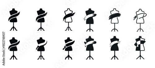 Fashion silhouette collection with fabric patterns on dress forms