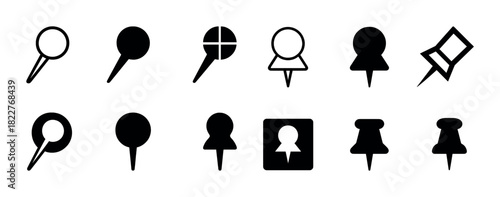 Collection of various pushpin and map marker icons in black silhouettes