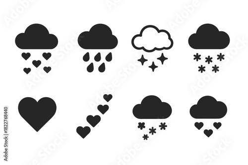 Heart Snow Cloud. Cloud snowing little hearts. Filled icon set of cloud snowing little hearts: cloud, small