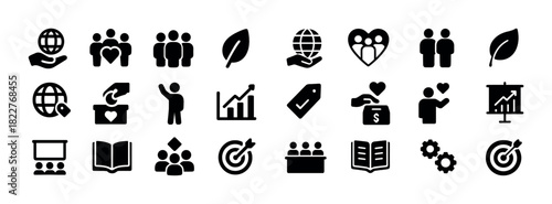 Black icon set: community, environment, finance, and education symbols
