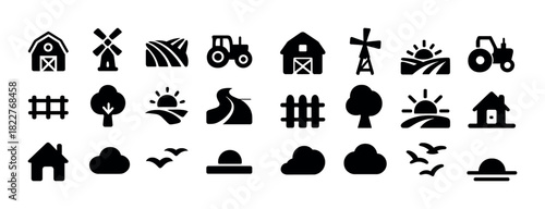 Set of farm icons featuring barns, windmills, tractors, trees, and sunsets