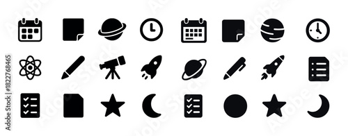 Black and white icon set with calendars, planet, clock, and space themes