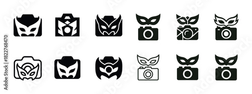 Camera and mask icons set: creative designs for photography and masquerade themes