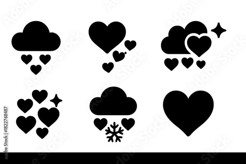 Heart Weather Icons. Cute heart weather. Filled icon set of cute heart weather: cloud, tiny hearts falling,