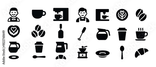 Coffee icons collection with barista, coffee machines, and beverage symbols